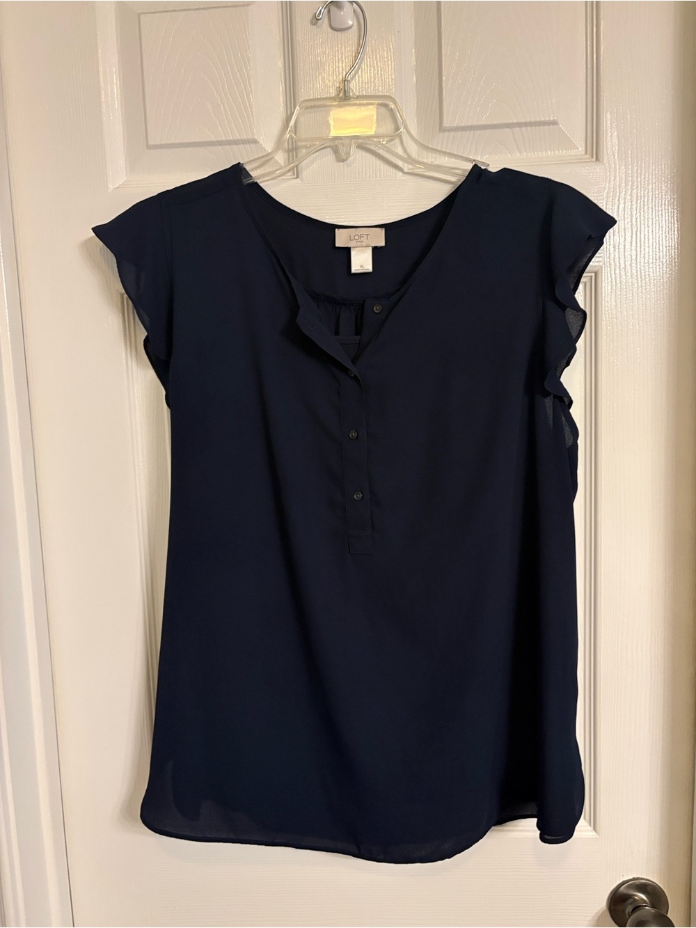 LOFT Navy Ruffle Cap Sleeve Blouse